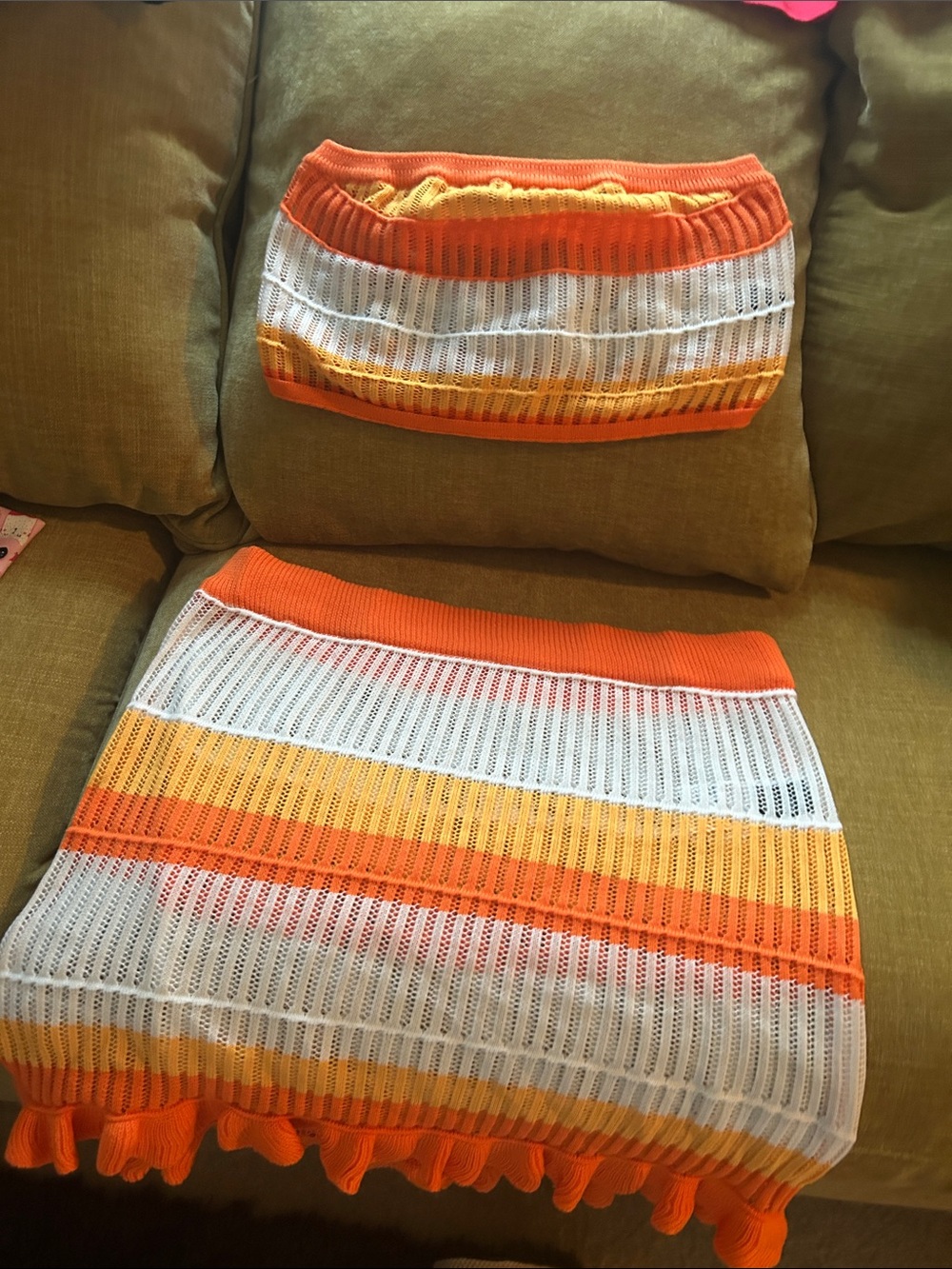 SHEIN Orange, Yellow & White Striped Knit Swim Coverup Skirt Set